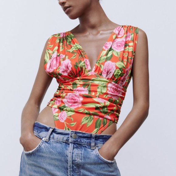 NWT - Zara Floral Printed Draped Bodysuit - Picture 4 of 7